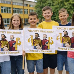 Знаме за 24 май с Кирил и Методий 30/50 см. от плат с дървена дръжка